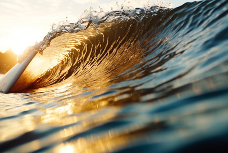 Closeup of beautiful orange blue ocean surfing wave in sunset. Generative AIの素材
