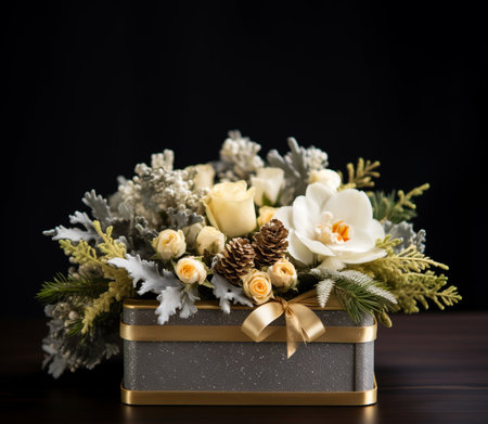 Christmas box with floral arrangment with fir and roses. New Year decor for an interior. Generative AIの素材