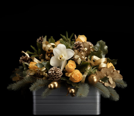 Christmas box with floral arrangment with fir and roses. New Year decor for an interior. Generative AIの素材