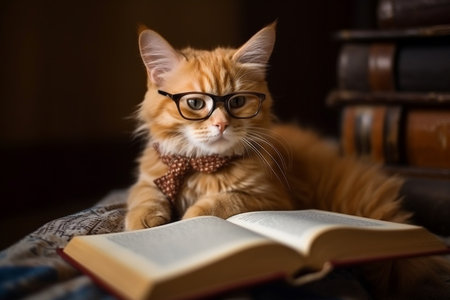 Ginger cute kitten in glasses reading book. Generative AIの素材