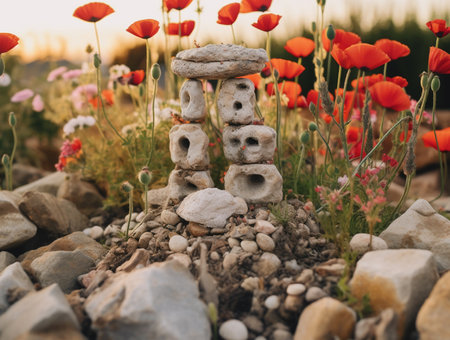 Landscape with sunrise over vast poppy field. Generative AIの素材