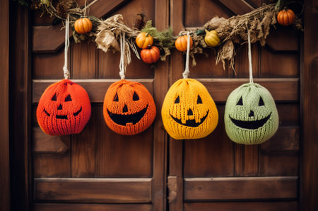 Knitted pumpkins and halloween decorated front door. Generative AIの素材