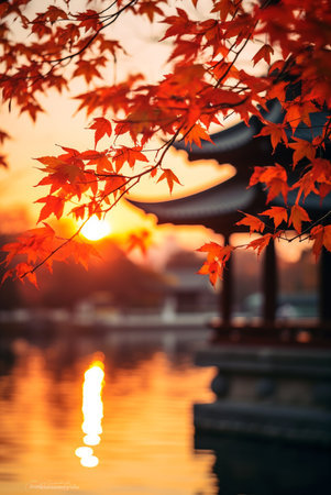 Red maple leaves and japanese Pagoda at sunset. Generative AIの素材