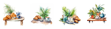 Watercolor illustration of breakfast set up. Coffee cup and croissants. Generative aiの素材