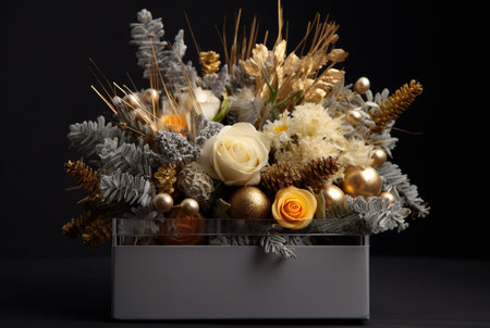 Christmas box with floral arrangment with fir and roses. New Year decor for an interior. Generative AIの素材