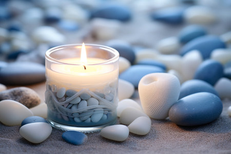 White lit aroma candle, heart and pebbles on beach background. Greeting card for wedding or celebretion. Generative AIの素材