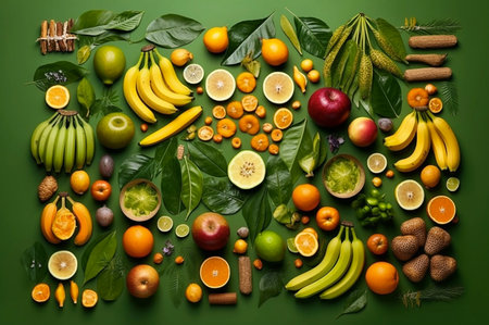 Assortment of different fruits and berries, flat lay on green background. Generative Aiの素材