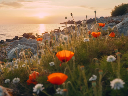 Landscape with sunrise over sea and vast poppy field. Generative AIの素材