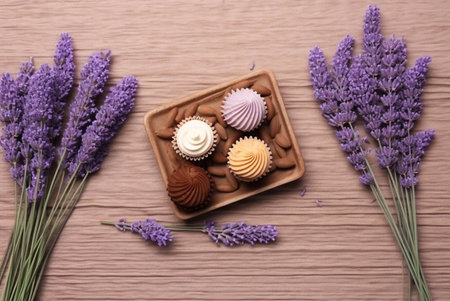 Coffee chocolates and lavender with copy space. Generative AIの素材