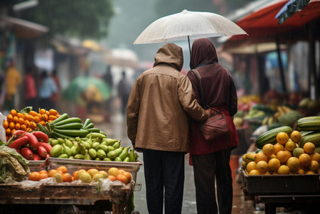 Old couple buying fresh fruits and vegetables on a farmer market. Rainy autumn day. Generative aiの素材