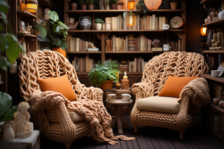 Retro style knitted cozy living room in beige. Generative AIの素材