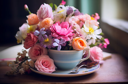 Flower composition with summer pastel flowers in vintage cup. Generative AIの素材