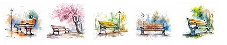 Watercolor bench in park in every season. Generative AIの素材