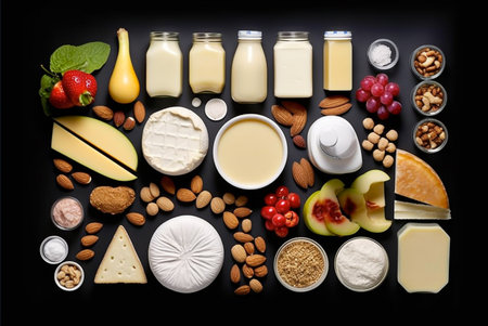 Assortment of dairy products (cheese, cream, milk, eggs, butter ) on dark background. Top view. Generative AIの素材