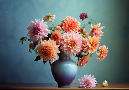 Flower composition with autumn orange and red flowers in vintage vase. Generative AIの素材