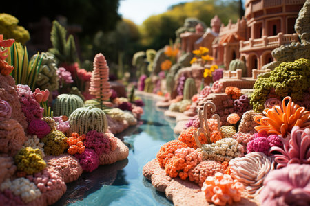 Crocheted garden with small river. Generative AIの素材