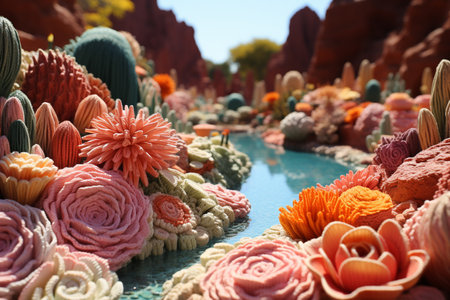 Crocheted garden with small river. Generative AIの素材