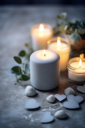 White lit aroma candle, heart and pebbles on stone background. Greeting card for wedding or celebretion. Generative AIの素材