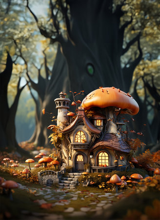 Fairytale small house with mushrooms and autumn foliage. Generative AIの素材