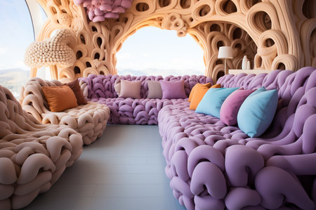 Retro style knitted cozy living room in pastel colors. Futuristic furniture. Generative AIの素材