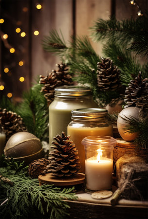Traditional christmas still life with cosmetics. candles and pine, wooden backgroundの素材
