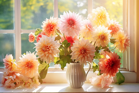Pink yellow dahlia flowers on window, spring summer background, floral design elementsの素材