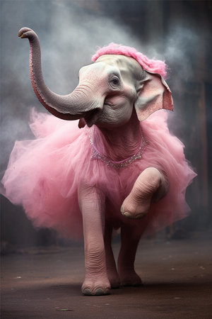 Charming Elephant ballerina in pink dress dancing on stageの素材