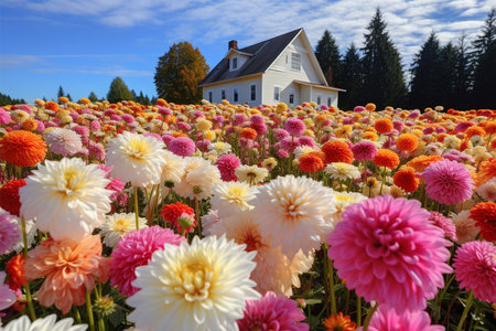 Colorful dahlia flowers meadow and small wooden house in mountainsの素材