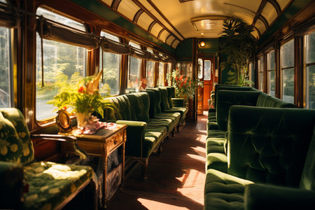 Vintage interior of an old fashioned Train carriage in sunny dayの素材