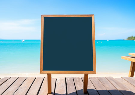 Sunny tropical beach with empty vintage blackboard. White sand and oceanの素材