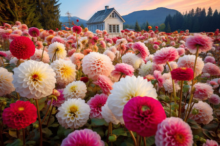 Colorful dahlia flowers meadow and small wooden house in mountainsの素材