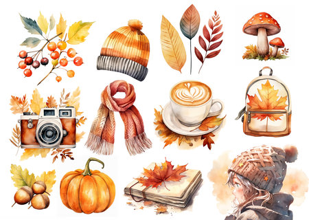 Cute girl in autumn clothes and autumn elements watercolor illustration set. Watercolor stickersの素材