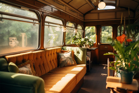 Vintage interior of an old fashioned Train carriage in sunny dayの素材