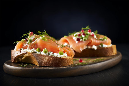 Salmon bruschetta or canapes with microgreen, appetizerの素材