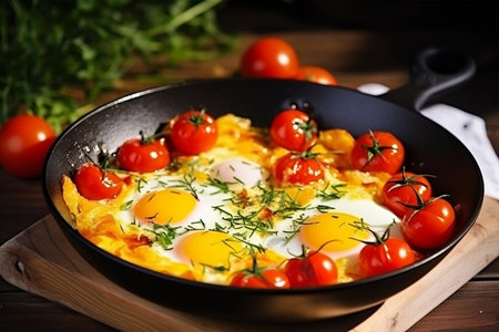 Traditional shakshuka with eggs and tomatoes in frying pan, healthy foodの素材