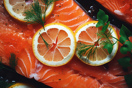 Raw salmon fillet with lemon slices on black background, foodの素材