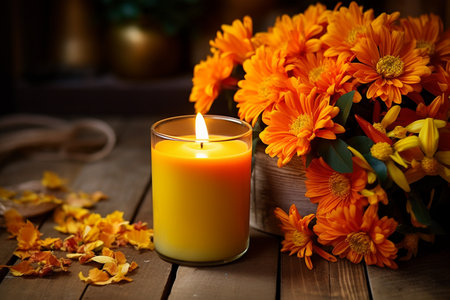 Orange autumnal flowers in vase and lit candle on wooden rustic backgroundの素材