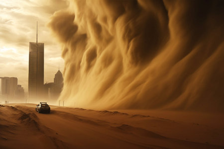 A huge sand wall of storm covering the sky in the cityの素材