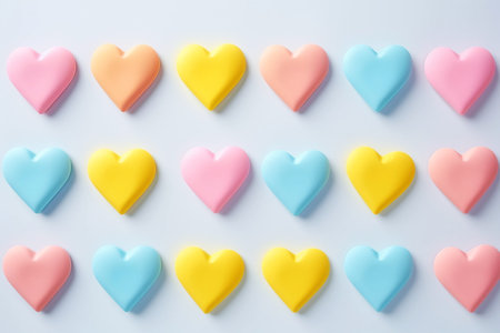 Colorful pastel plastic hearts pattern on pastel background, flat layの素材