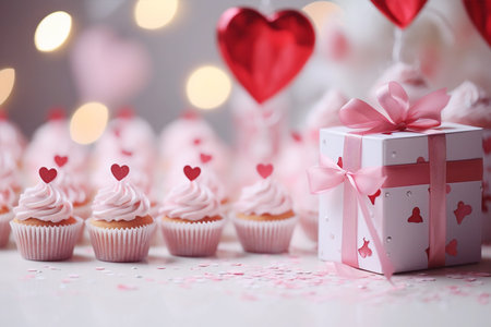 Valentine's day greeting card with red cupcakes and flowers on wooden backgroundの素材