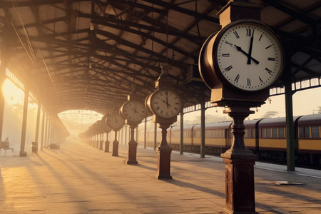 Old empty train station with wooden bench and clocks in sunsetの素材