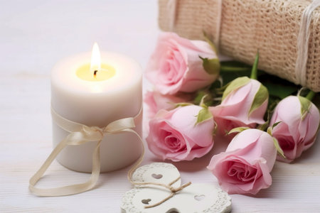 Gift box, pink roses decor, and lit candle, holiday greeting cardの素材