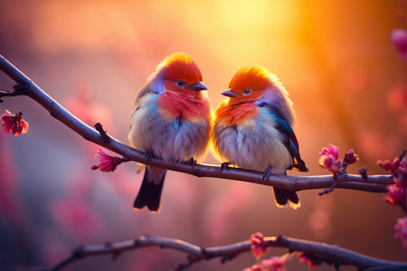 Couple of colorful bird, sitting together on branch in sunset, greeting cardの素材