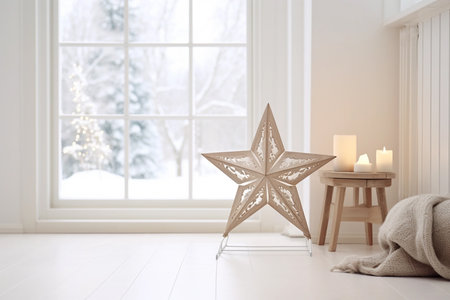 Minimal Scandinavian interior with snow forest behind the window, wooden decor and starの素材