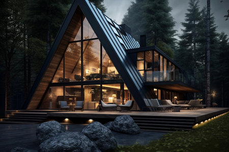 Modern luxury cottage in dark forest in mountains, evening lights on backgroundの素材