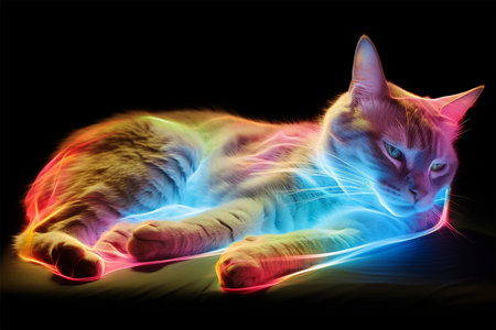 Cat sleeping on holographic rainbow lights, digital kitten conceptの素材