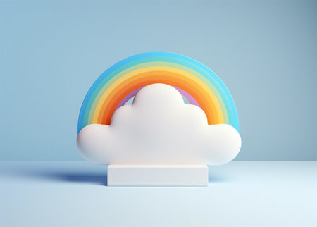 Cloud and rainbow shaped award on podium on pastel colorful backgroundの素材