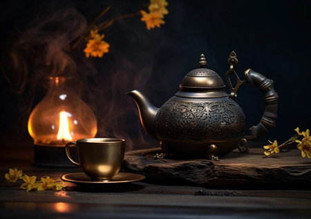 Black iron teapot in traditional Asian style on wooden backgroundの素材