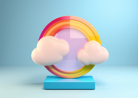 Cloud and rainbow shaped award on podium on pastel colorful backgroundの素材