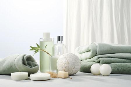 Spa products and bath bombs with eucalyptus and green plants, sunlightの素材